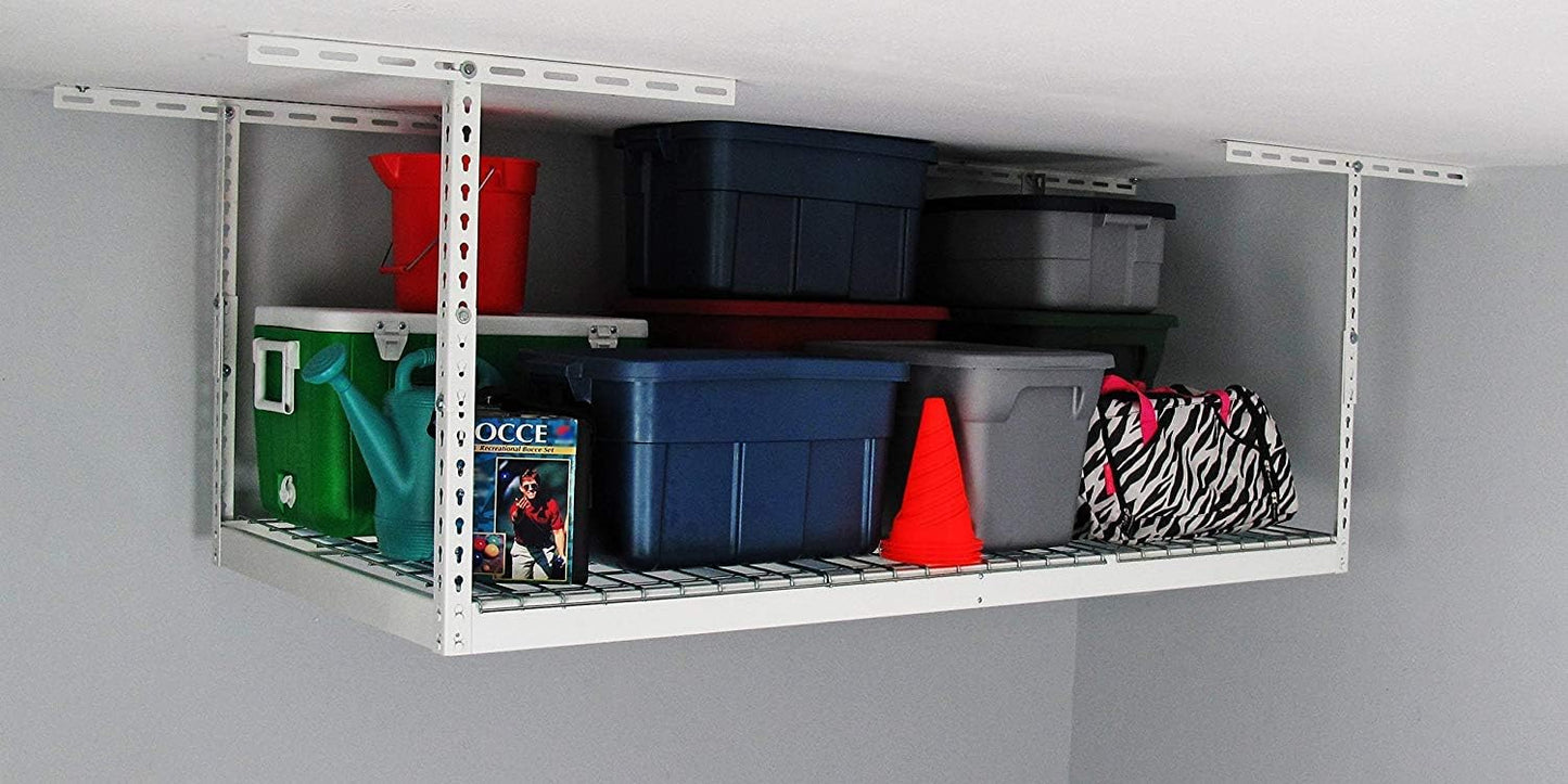 MonsterRax Overhead Garage Storage Rack - Heavy Duty 400 lb Capacity Adjustable Shelving, Easy Ceiling Mount, White (12"-45")