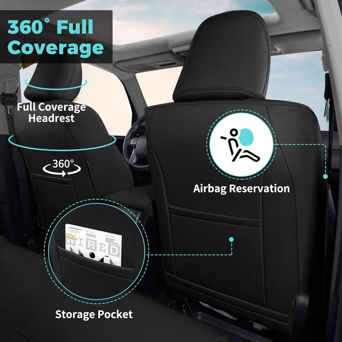 Seat Covers for Toyota 4Runner 2011-2024, Faux Leather Car Seat Cover Full Set, 2-Row-Only for 5 Seats Version-Black