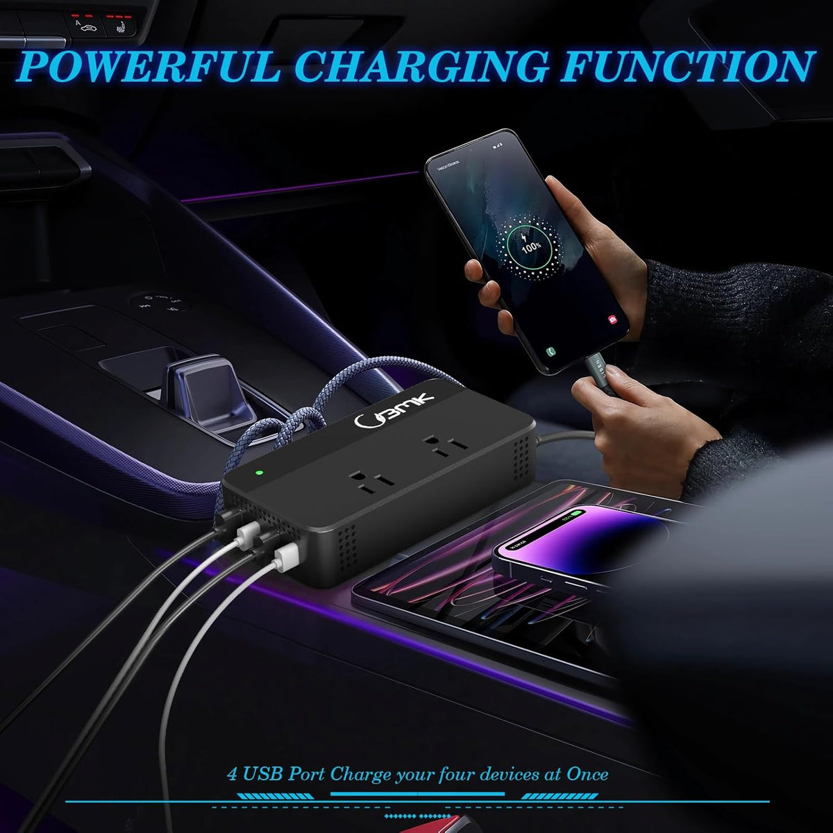 BMK 200W Car Power Inverter DC 12V to 110V AC Car Inverter 4 USB Ports Charger Adapter Car Plug Converter with 2 QC3.0 USB and 2 Type C Ports (Black)