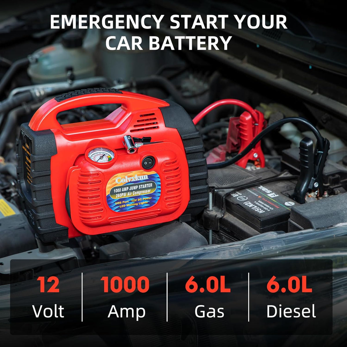 Jump Starter with Air Compressor, 260PSI 1000A Car Battery Jump Starter Battery Pack (6.0 Gas/6.0L Diesel),12V Car Jumper Starter Portable Jump Box with Tire Inflator