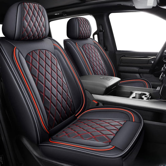 MIROZO Ram Seat Covers Full Set, Faux Leather Truck Seat Covers Compatible with 2009-2025 Ram 1500 2500 3500 Truck Pickup Crew Quad Cab with Split Bench 40/60(Black and Red,Full Set Curved Back)