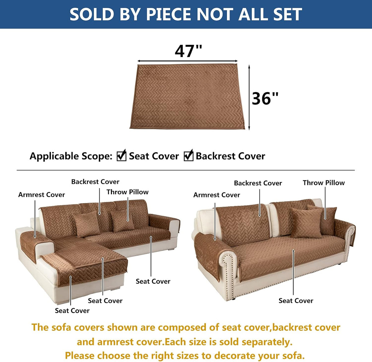 Eismodra Couch Cover,Sectional Couch Covers,Sofa Covers for 3 Cushion Couch,Anti-Slip Sofa Slipcovers for Dogs Cats Kids Loveseat Recliner L Shaped Armrest Backrest,Brown 36''x47''(Only 1 Piece)