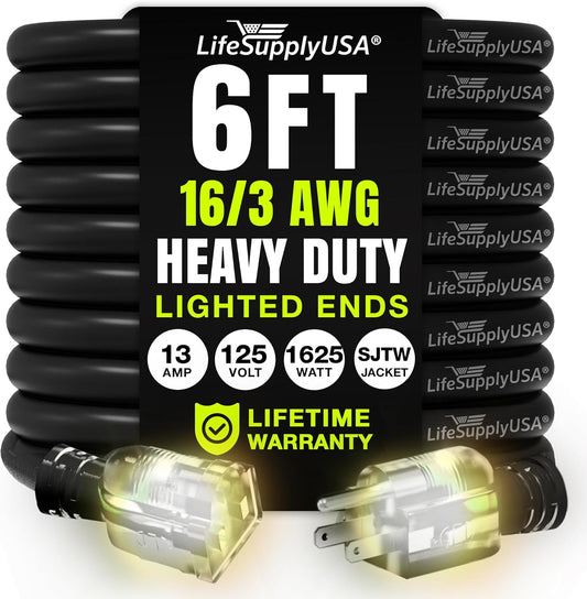 6ft Outdoor/Indoor Extension Cord 16/3 Gauge Heavy Duty 3 Prong SJTW, Waterproof, Flexible Cold-Resistant Long Power Cord,13A 125V 1625W, Black by LifeSupplyUSA