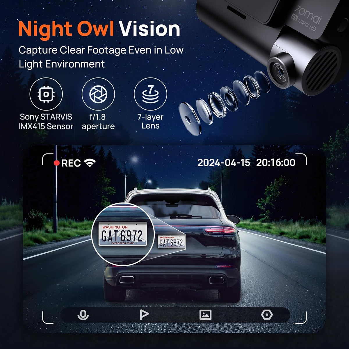 70mai 4K Dash Cam Front and Rear with STARVIS, Built in 5GHz WiFi & GPS Car Camera, Super Night Vision, ADAS, 3'' IPS Screen, 24H Parking Mode, Time-Lapse, Loop Recording, Support 256GB Max (A800S)