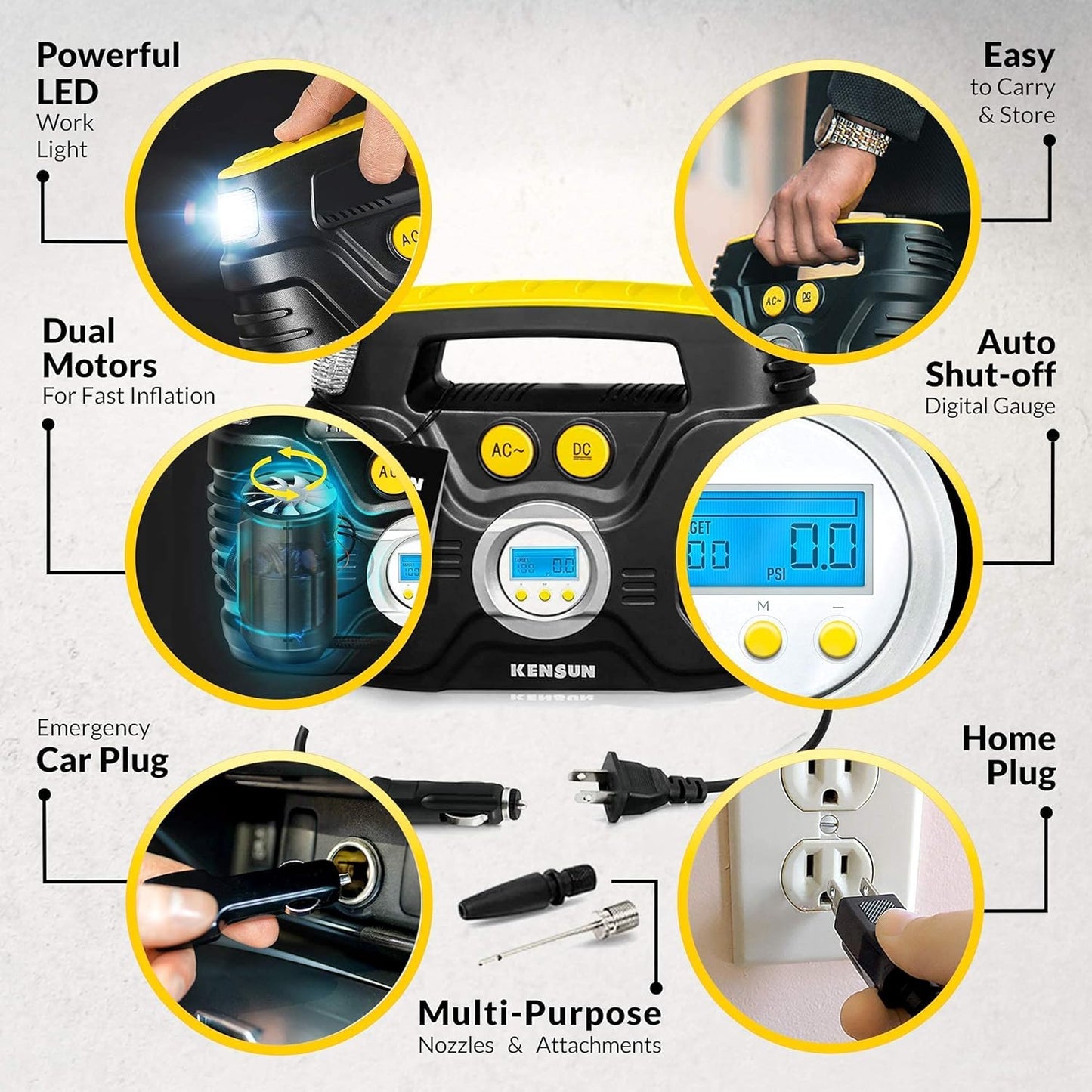 Kensun AC/DC Tire Inflator Pump for Car 12V DC and Home 110V AC Swift Performance 2.0 Portable Air Compressor Pump for Car and Home
