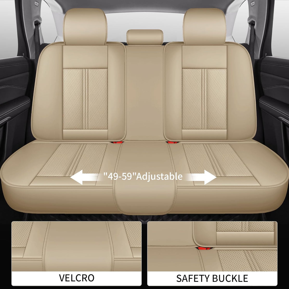Car Seat Covers Full Set, Black Seat Cover for Cars Compatible Airbag, Easy Install Luxury Leather Automotive Seat Covers with Lumbar Support, for Car, Truck, SUV, Beige