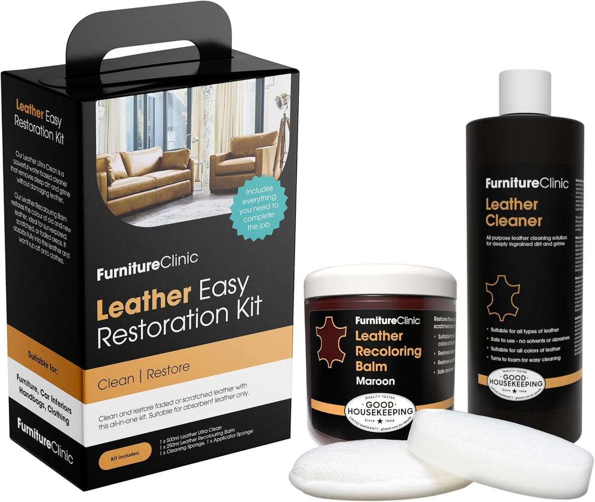 Furniture Clinic Leather Easy Restoration Kit | with Leather Recoloring Balm, Cleaner, Sponge, and Cloth | Leather Repair Kit for Scratched and Faded Furniture (Maroon)