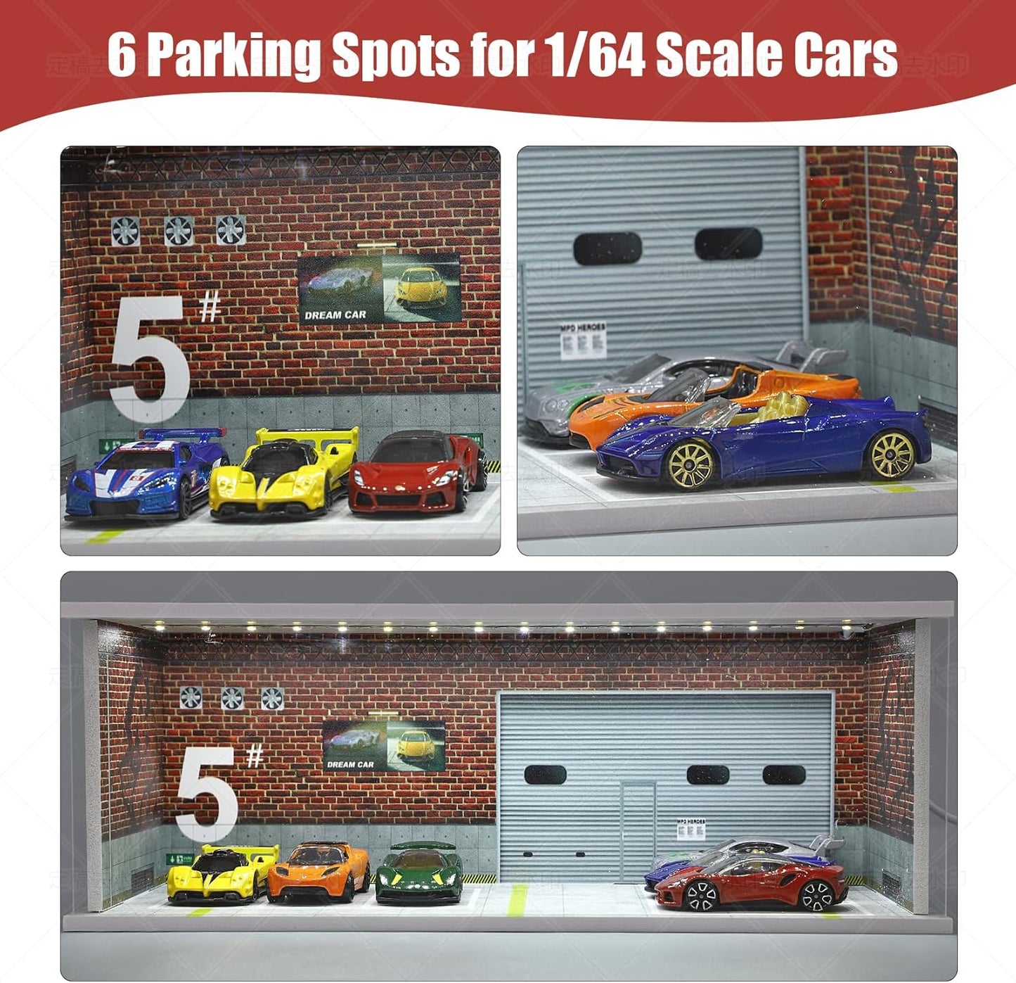 Display Case for Hot Wheels: Stackable Parking Garage for 1/64 Scale Matchbox Toy Car, FoamBoard Storage for Monster Trucks with LED Light and Acrylic Cover, Red Bricks