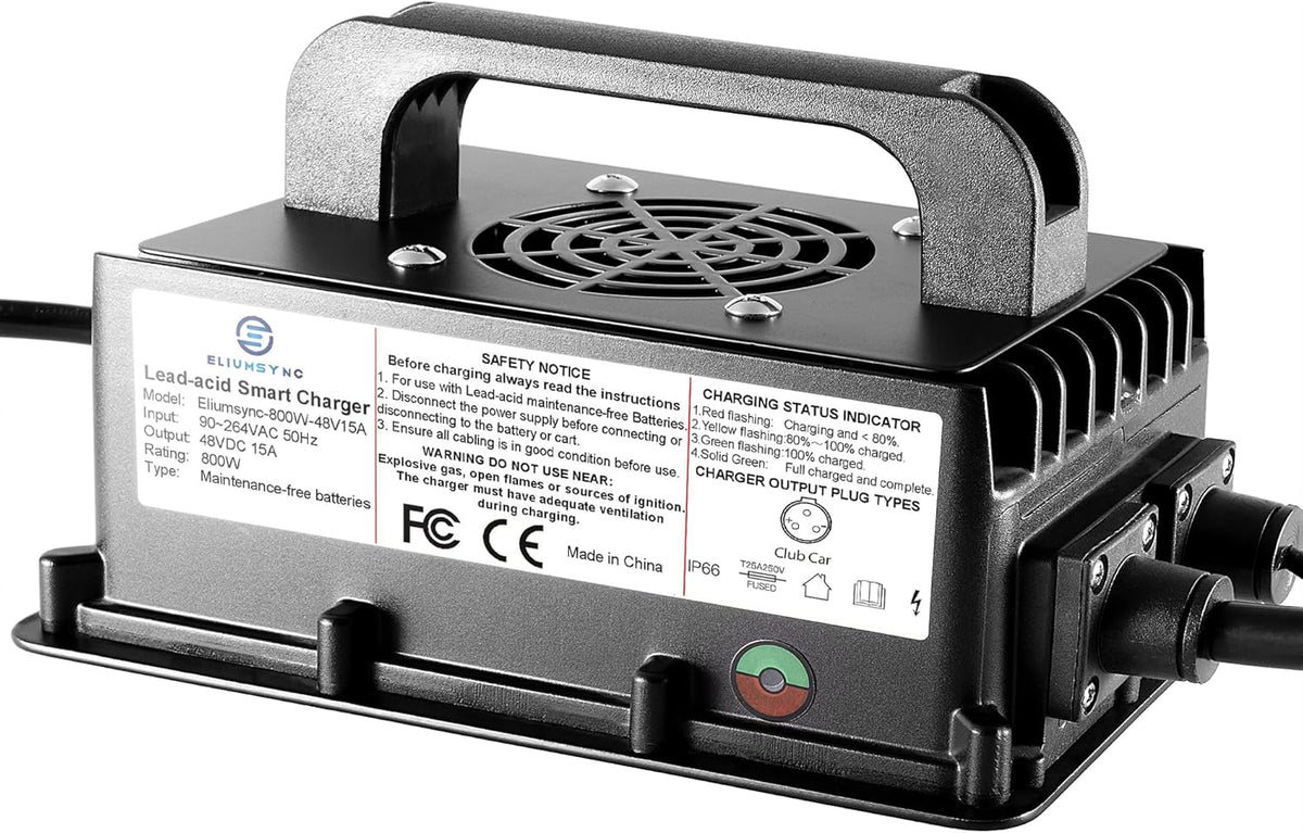 800W Lead Acid Battery Charger 48 Volt 15 AMP 3-Pin Original Gray One-Piece Plug Club Car DS&Precedent Golf Carts
