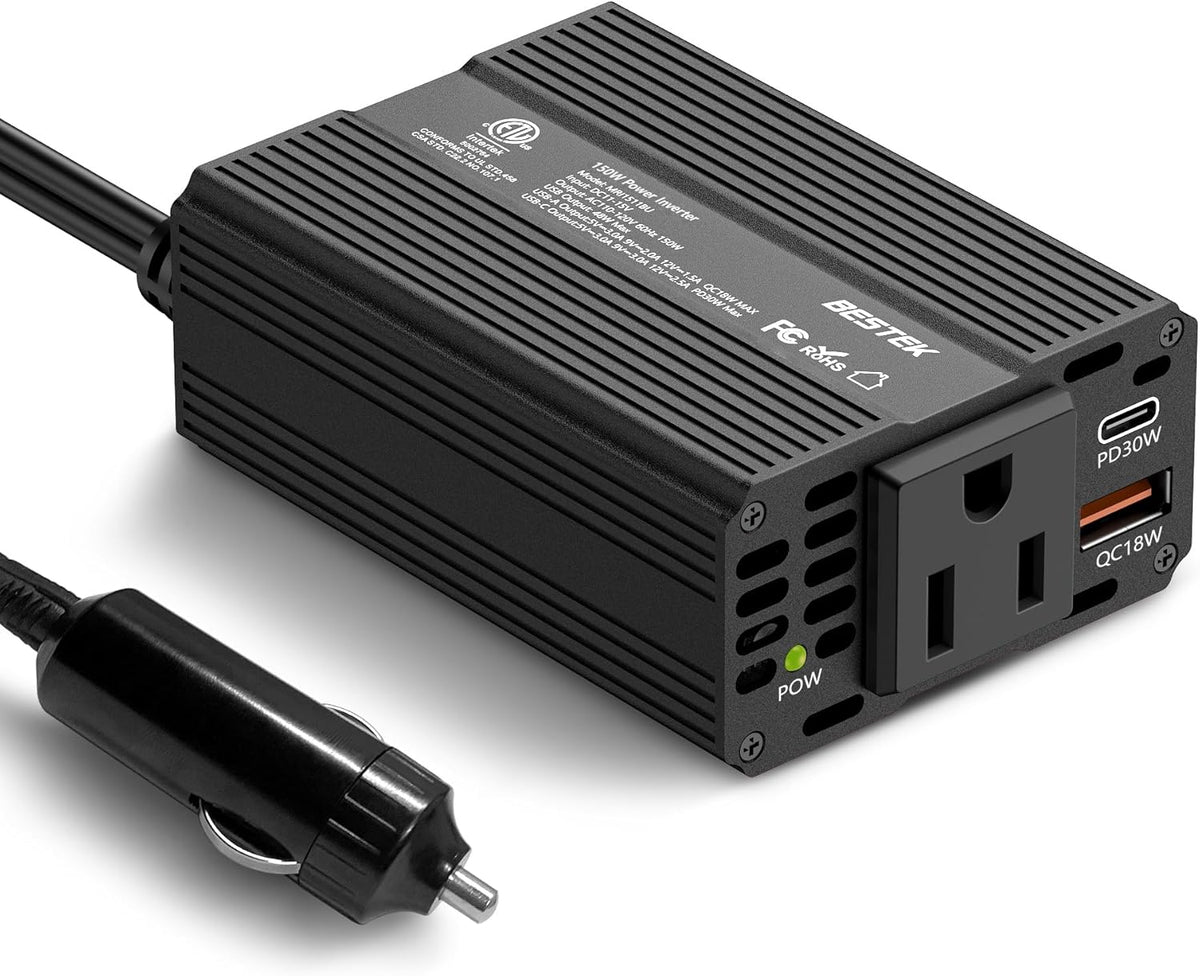 BESTEK 150W Car Power Inverter, DC 12V to 110V AC Converter PD 30W QC 3.0 18W USB Charger Laptop Car Charger Outlet Power Adapter for Car