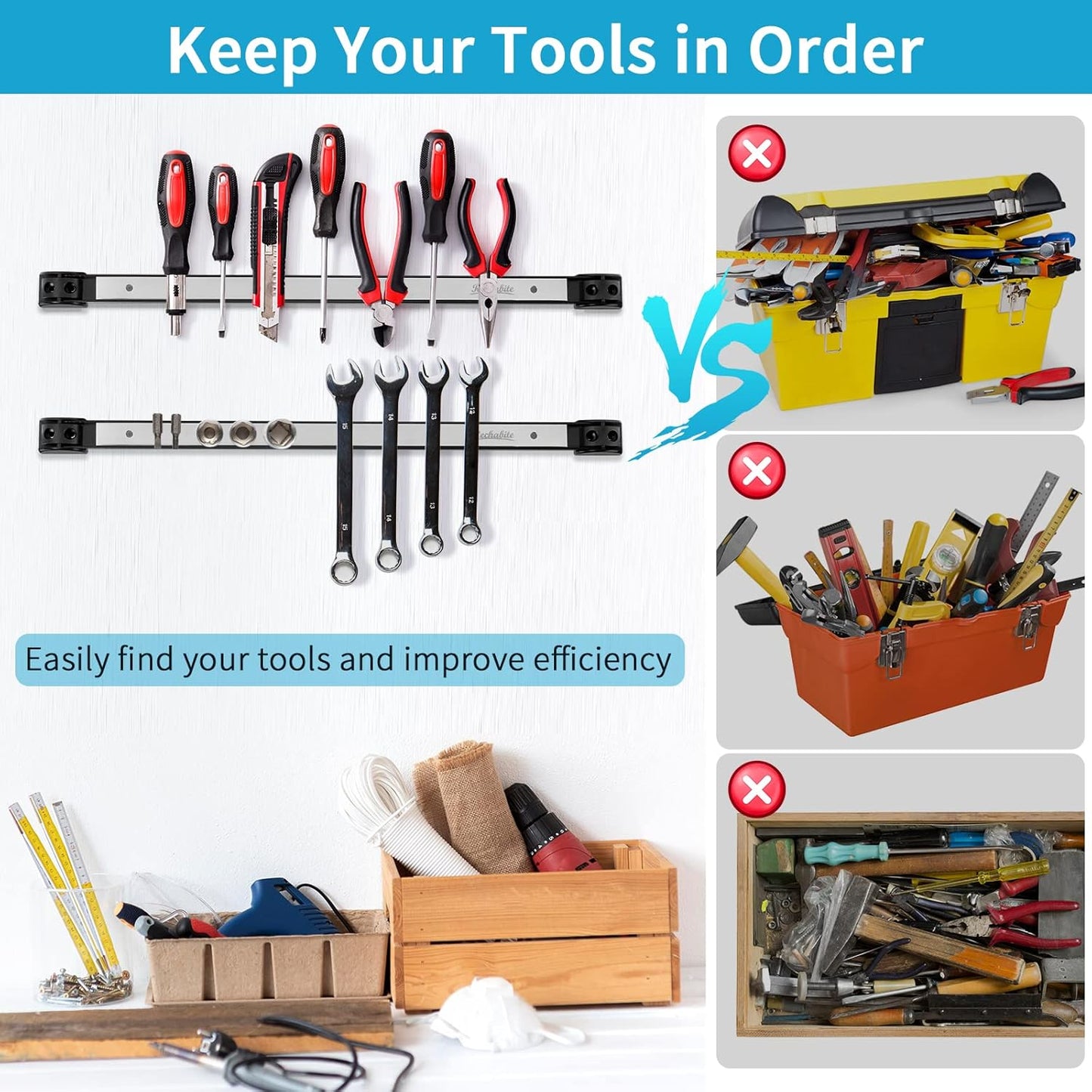 6 Pieces 18" Magnetic Tool Holder Strip, Stainless Steel Surface Tool Magnet Bar, Metal Tool Organizer Rack for Garage Organization, Easy To Install in Workshop, Mounting Screws Included