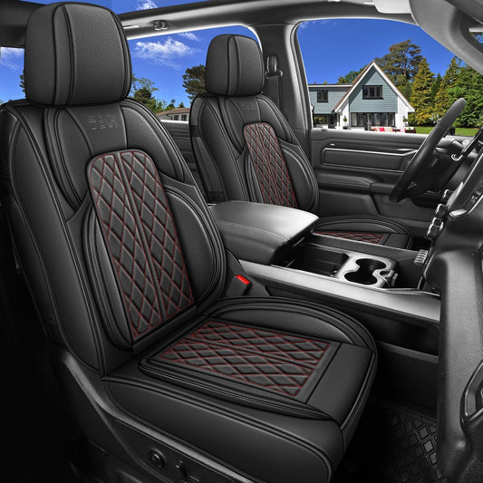 Car Seat Cover Custom Fit for Dodge Ram 1500 2500 3500 2002-2025 Faux Leather Seat Cover Set Compatible with Crew Quad Regular Cab Pickup Truck Cushions (Black Redline, Full Set, Curved Rear)