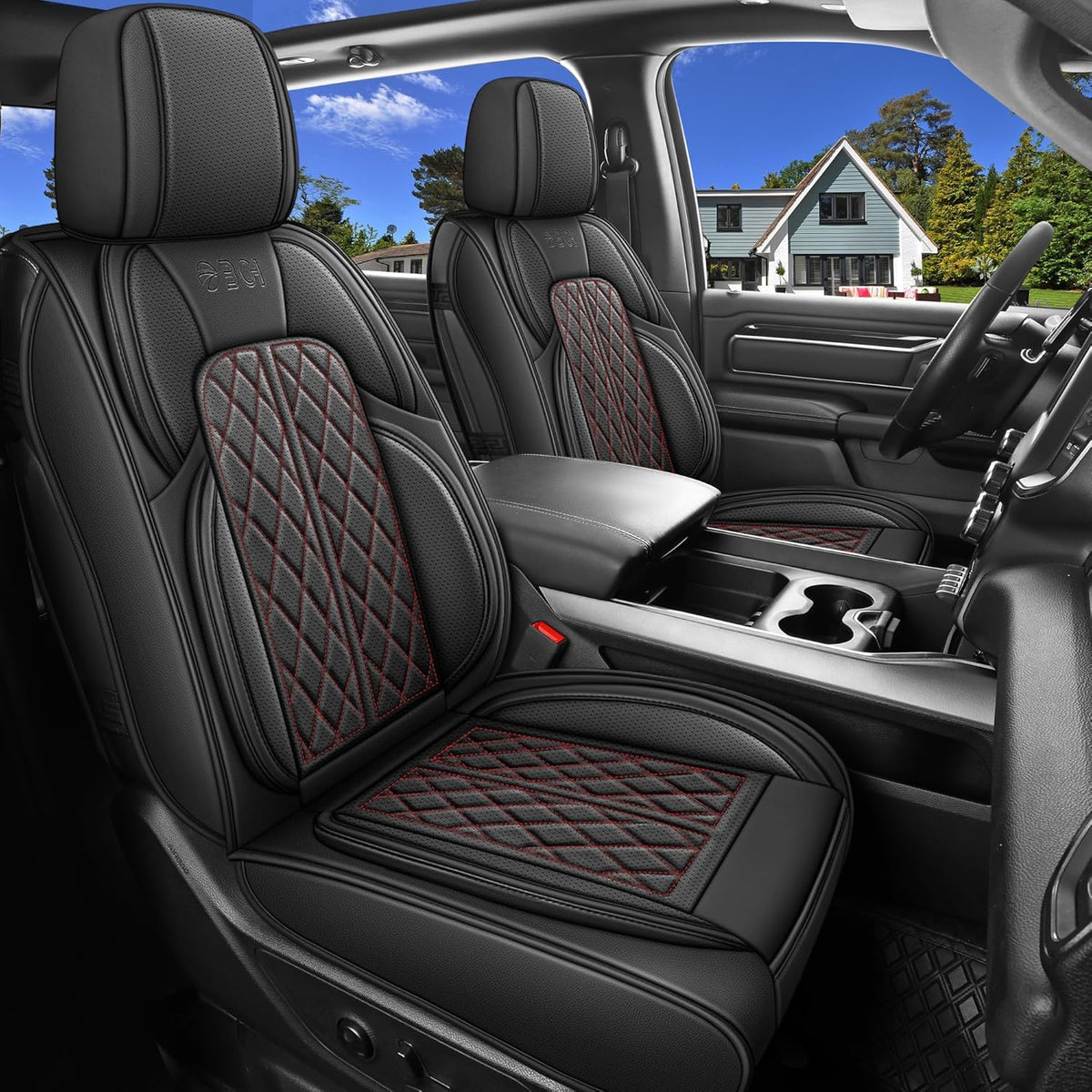 Car Seat Cover Custom Fit for Dodge Ram 1500 2500 3500 2002-2024 Faux Leather Seat Cover Set Compatible with Crew Quad Regular Cab Pickup Truck Cushions (Black Redline, Full Set, Flat Rear)