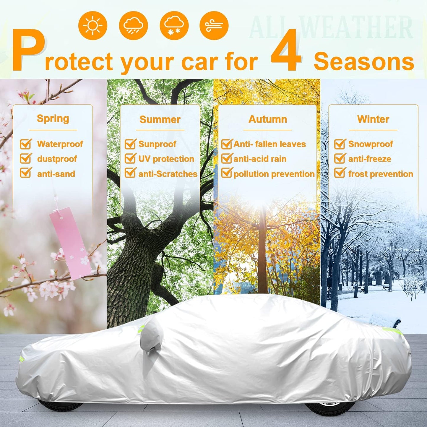 Waterproof Car Cover All Weather Snowproof UV Protection Windproof Outdoor Full car Cover, Universal Fit for Sedan (Fit Sedan Length Length 192"-208", Silver)