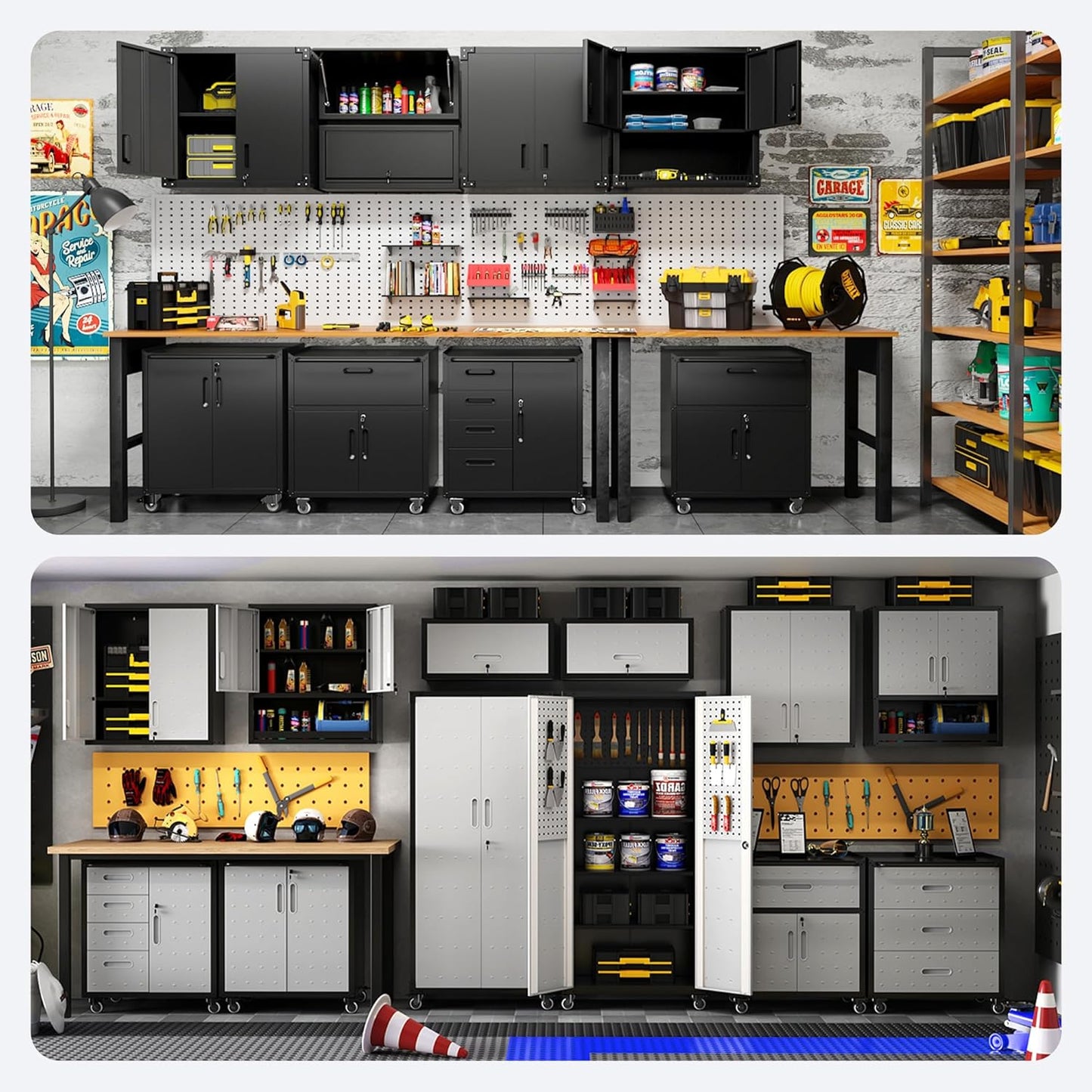 Metal Tool Cabinet,Garage Storage Cabinet System,Wall Cabinet & Locking Rolling Tool Cabinet with Doors and Adjustable Shelves,Steel Tool Cabinets for Home,Office (5 Pcs-StyleA, Black & Grey)