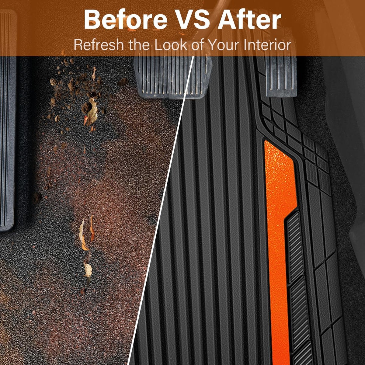 CAR PASS Heavy Duty Rubber Car Mats Metallic, Aluminum Film All Weather Floor Mats Waterproof Universal Trim to Fit SUVs Sedans Vans 4 Piece Anodized Deep Dish Two-Tone Sporty Black Orange Chrome