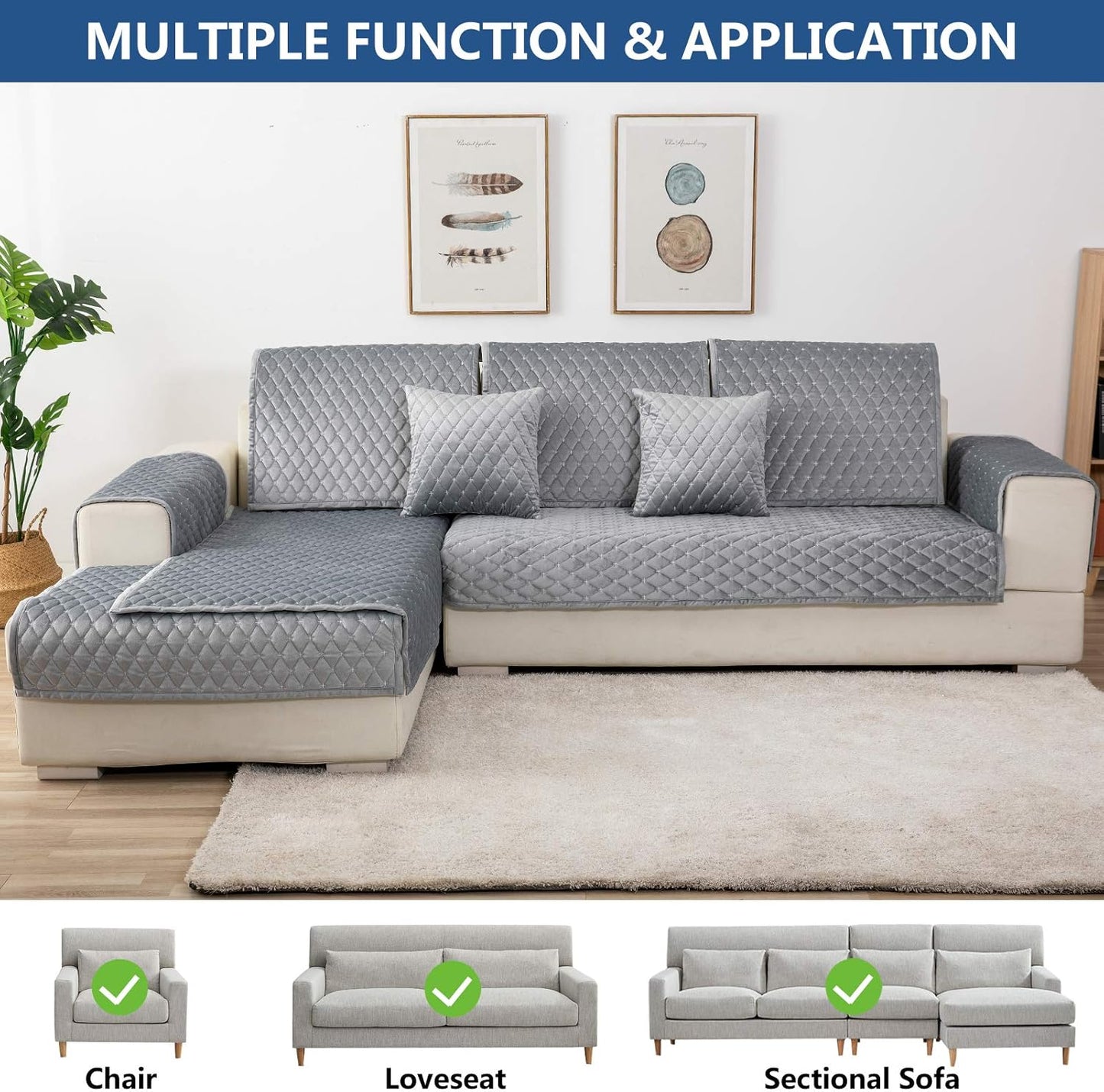Eismodra Couch Cover,Sectional Couch Covers,Sofa Covers for 3 Cushion Couch,Anti-Slip Sofa Slipcovers for Dogs Cats Kids Loveseat Recliner L Shaped Armrest Backrest,Light Gray 43''x94''(Only 1 Piece)
