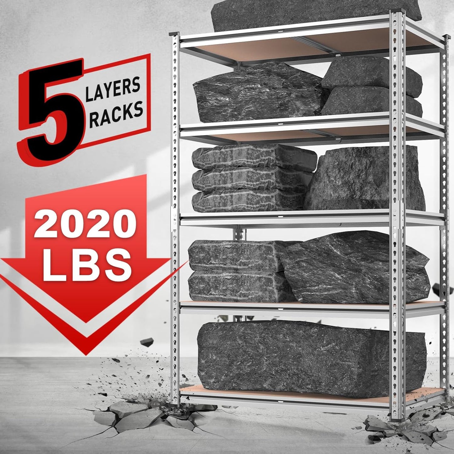 REIBII 2020LBS Garage Shelving Heavy Duty 5-Tier Storage Shelves Adjustable Metal Shelving for Warehouse, Basement, Easy Assembly, 72" H x 35.55" W x 16" D, Galvanized