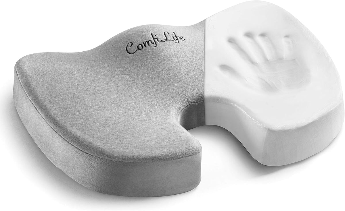 ComfiLife Premium Comfort Seat Cushion - Non-Slip Orthopedic 100% Memory Foam Coccyx Cushion for Tailbone Pain - Cushion for Office Chair Car Seat - Back Pain & Sciatica Relief (Gray)