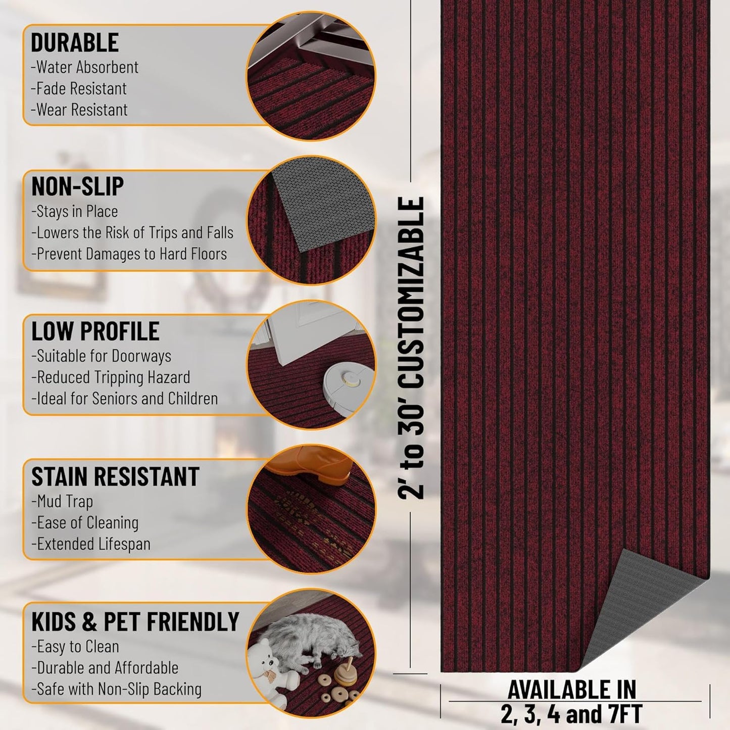 Ottomanson 2'7" x 8' Hallway Runner with Scraper Pile Extra Durable Non-Slip Rug Mat for Indoor & Outdoor Use - Ideal for Kitchen, Entryway, Patio & Garage - High-Traffic Carpet, Red