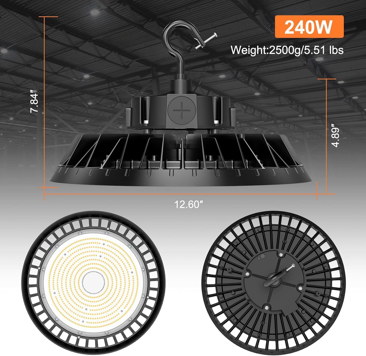 6Pack LED High Bay Lights, 240W UFO High Bay LED Shop Lights, 36000LM Adjustable CCT(5700K 5000K 4500K) & Power(240W 200W 150W), 0-10V Dimmable, 5' Cable Plug, IP65 Waterproof, ETL & DLC Listed