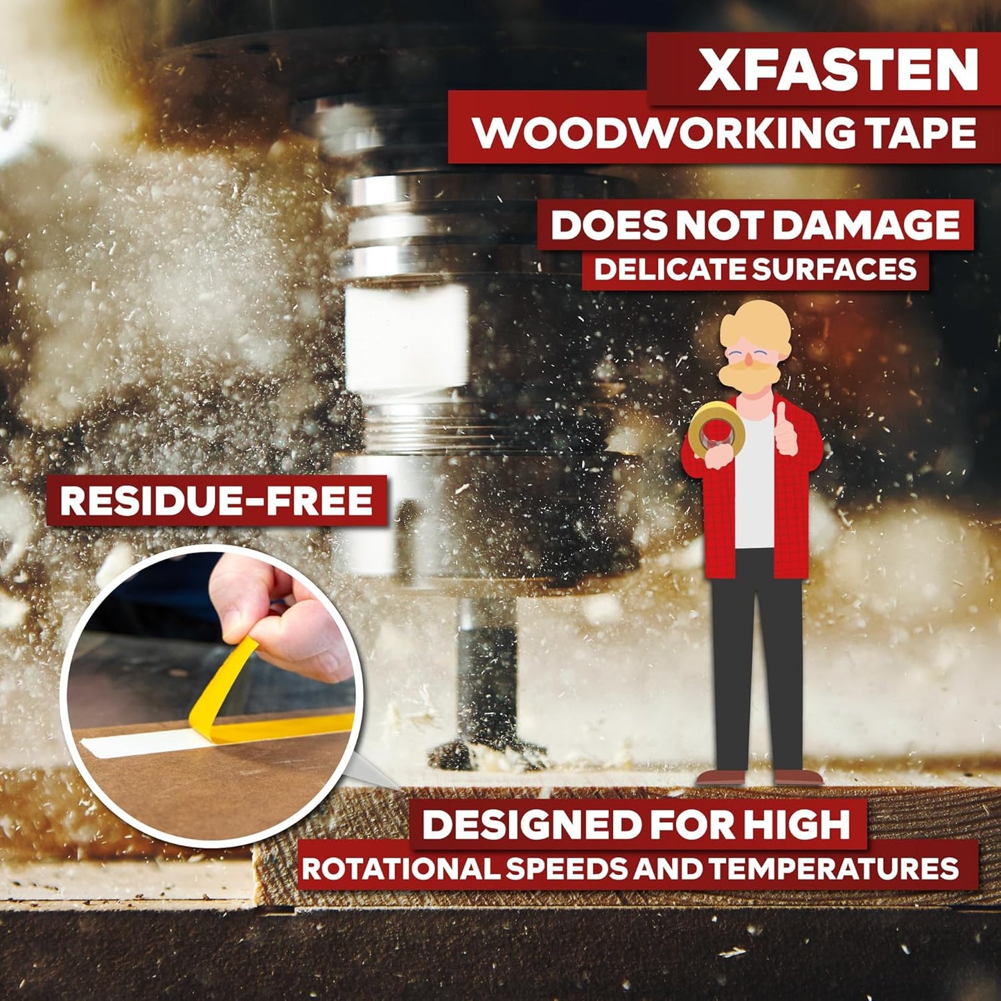 XFasten Double Sided Woodworking Tape 4 Inches x 90 Feet, Residue-Free and Removable Double Sided Wood Mounting Boards, Masking Tape for Wood Template, MDF, Metal, Edge Banding, Routing, Anchoring