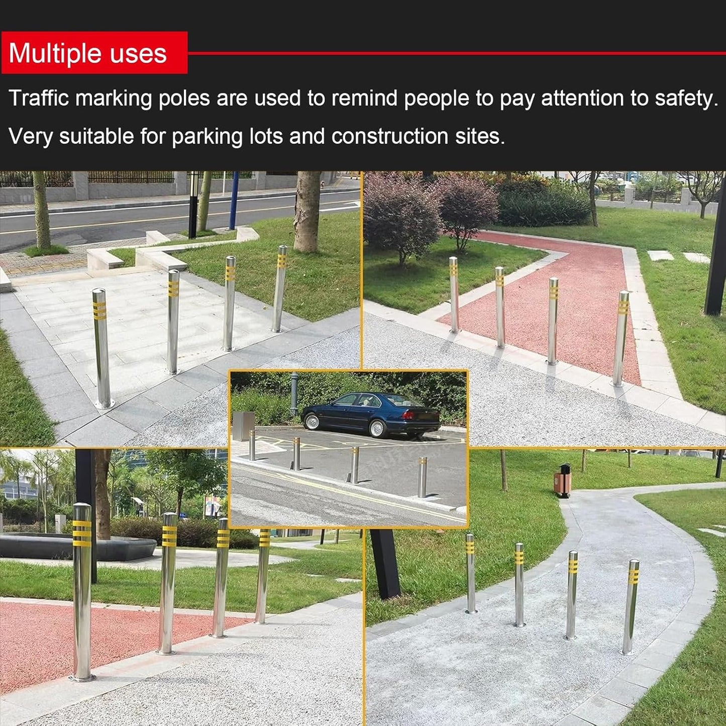 Stainless Steel Parking Bollards for Driveway, Industrial Safety Bollards Reflective Channelizer Post, Parking Barrier, Sturdy and Durable, Easy to Install, for Crowd Control(Silver (4pcs),8.9*100cm/3