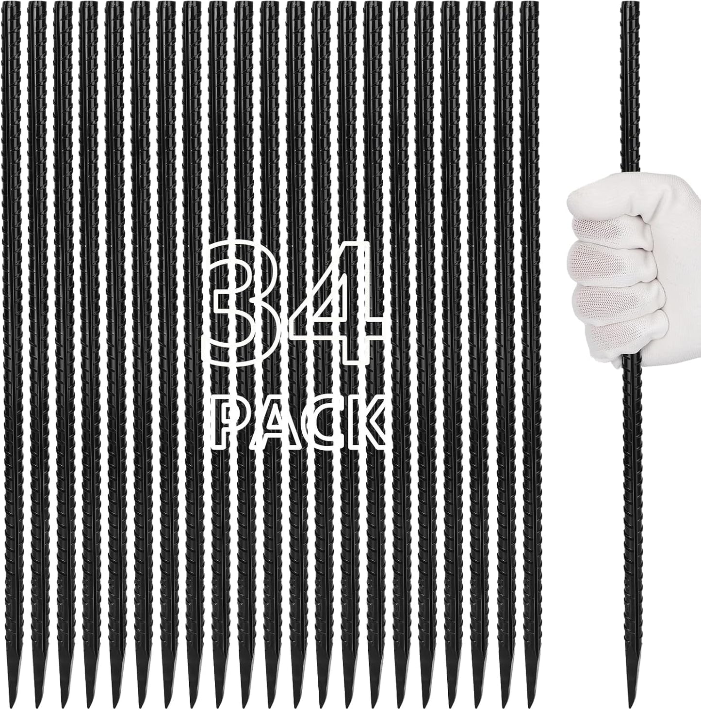 16 inches Rebar Stakes Heavy Duty (34-Pack) Metal Spikes for Concrete Timber, Garden Plant, Straight Steel Stakes for Tent, 3/8" Thickness Ground Anchors with Chisel Point End, Black