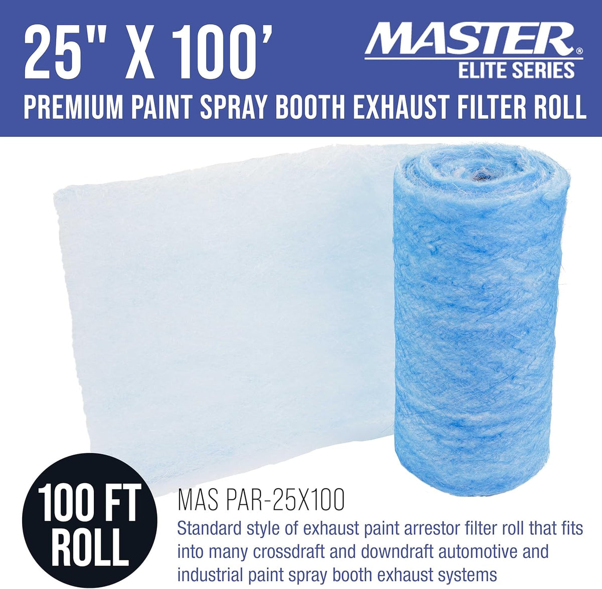 Master Airbrush Elite Paint Spray Booth Exhaust Filter Roll 25" x 100' - 18 Gram Heavy-Duty Fiberglass Paint Arrestor for Filtering Overspray Particles in Auto Body Shops & Refinish Booths