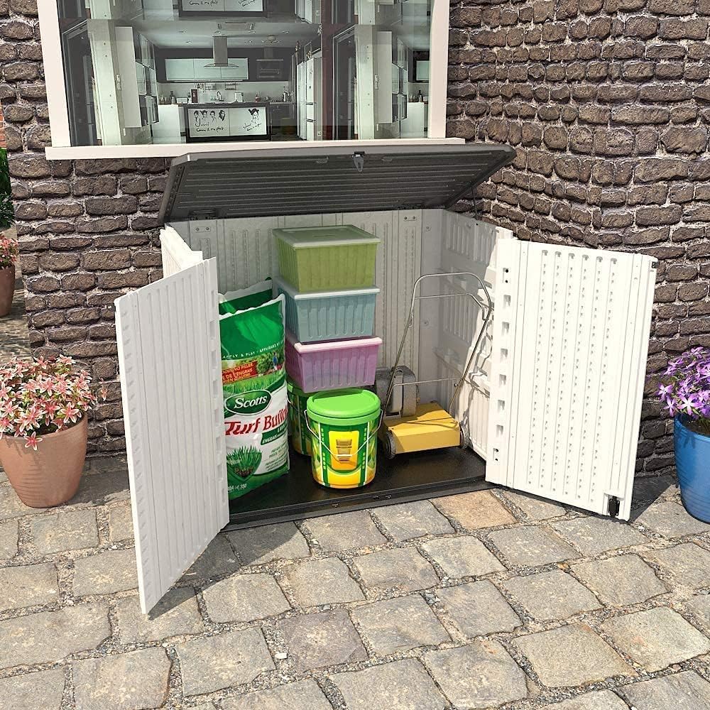 Horizontal Outdoor Garden Storage Shed for Backyards and Patios, Plastic Storage Box Waterproof, Small Shed 26 Cubic Feet Capacity for Bike, Garbage Cans, Lawn Mower, Tools and Garden Accessories