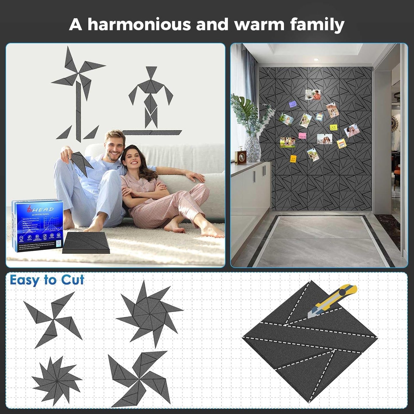 8 Pack Self-Adhesive Soundproof Wall Panels, 15.7 x 15.7 x 0.47 in Sound Proof Foam Panels for Walls, 1.2lb/ft³ High Density, Thicker 0.47in, Large Size Acoustic Panels, Sound Dampening Panels Black
