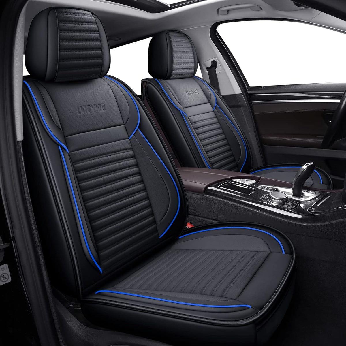 LINGVIDO Car Seat Covers, Breathable and Waterproof Faux Leather Automotive Seat Covers for Cars SUV Truck Sedan,Universal Anti-Slip Seat Cover with Backrest (Front Seat, Black-Blueline)