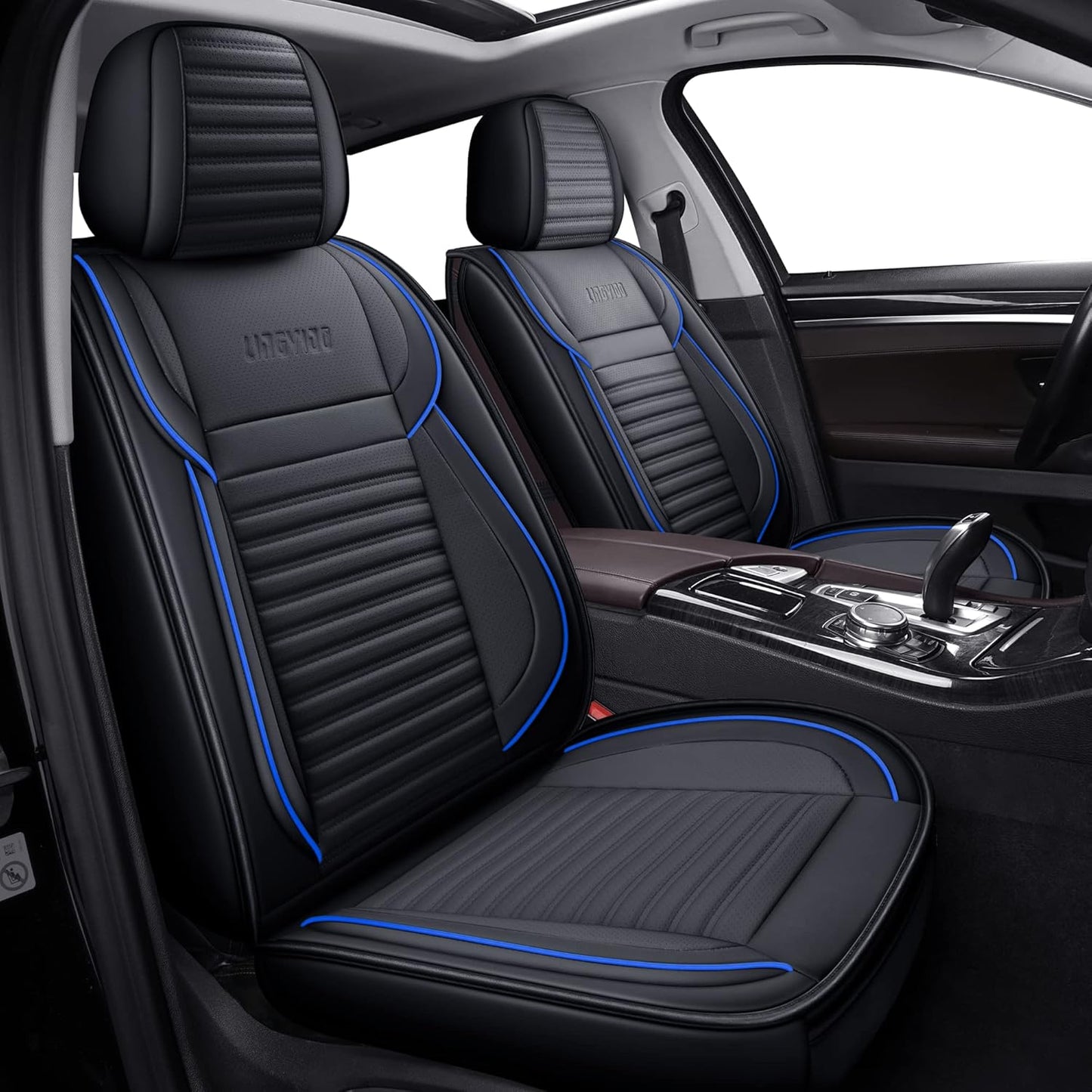 LINGVIDO Car Seat Covers, Breathable and Waterproof Faux Leather Automotive Seat Covers for Cars SUV Truck Sedan,Universal Anti-Slip Seat Cover with Backrest (Full Set, Black-Blueline)