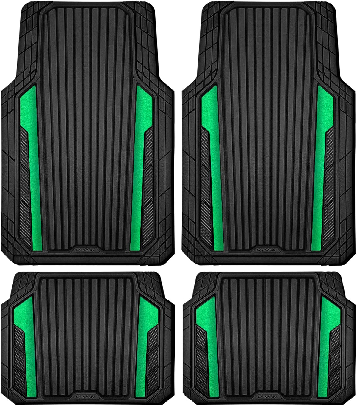 CAR PASS Heavy Duty Rubber Car Mats Metallic,Aluminum Film All Weather Floor Mats Waterproof Universal Trim to Fit SUVs Sedans Vans 4 Piece Anodized Deep Dish Two-Tone Sporty Black Green Chrome