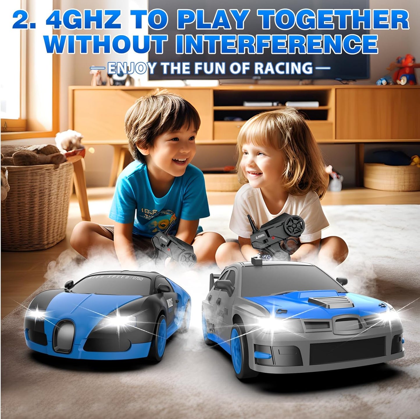 RC Drift Car, 1/24 2.4GHz 4WD Remote Control Car High Speed Drift RC Cars with LED Lights, 2 Rechargeable Battery and Drifting Tires Racing Toy Cars for Kids Boys Girls Adults(Grey)
