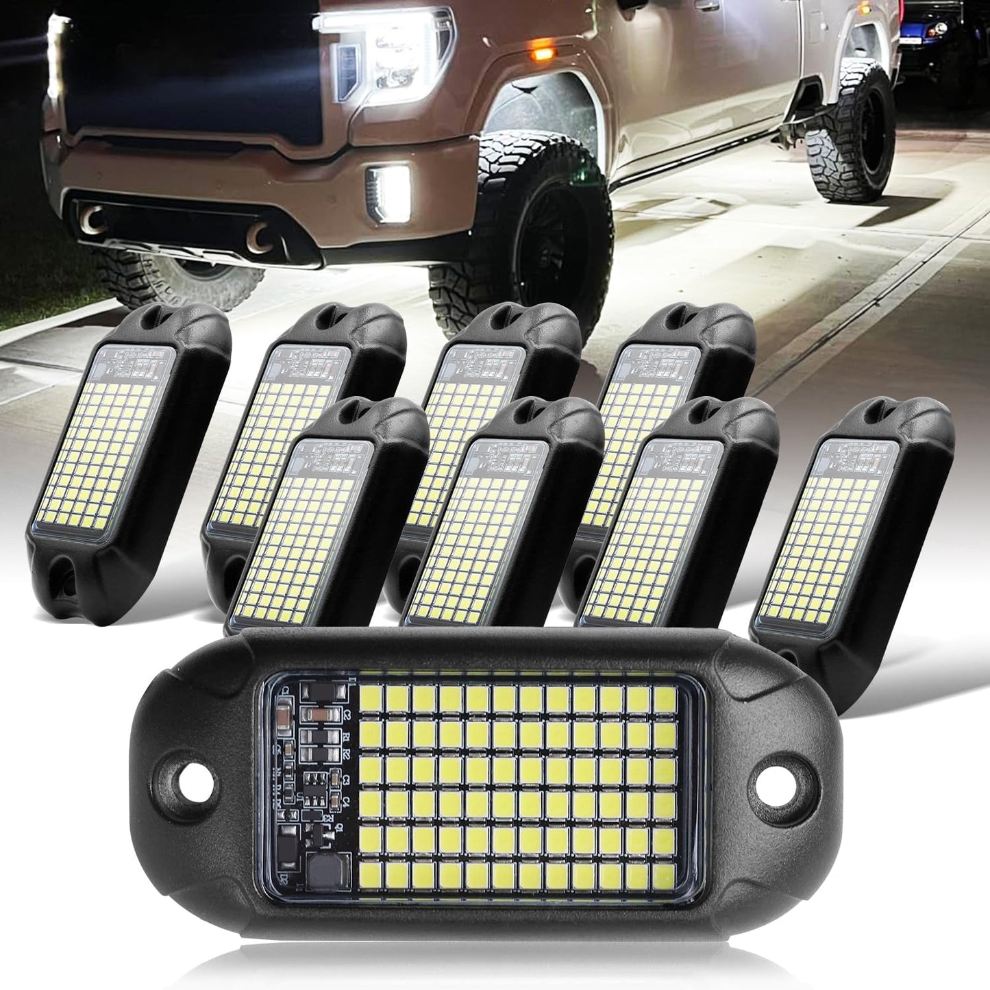 Nicoko 8 Pods 6000K pure White Rock lights Aluminum 9-30V Underglow Lights IP68 Waterproof Neon Trail Rig Lamp Lighting for SUV Car Truck Motorcycle Boat ATV UTV