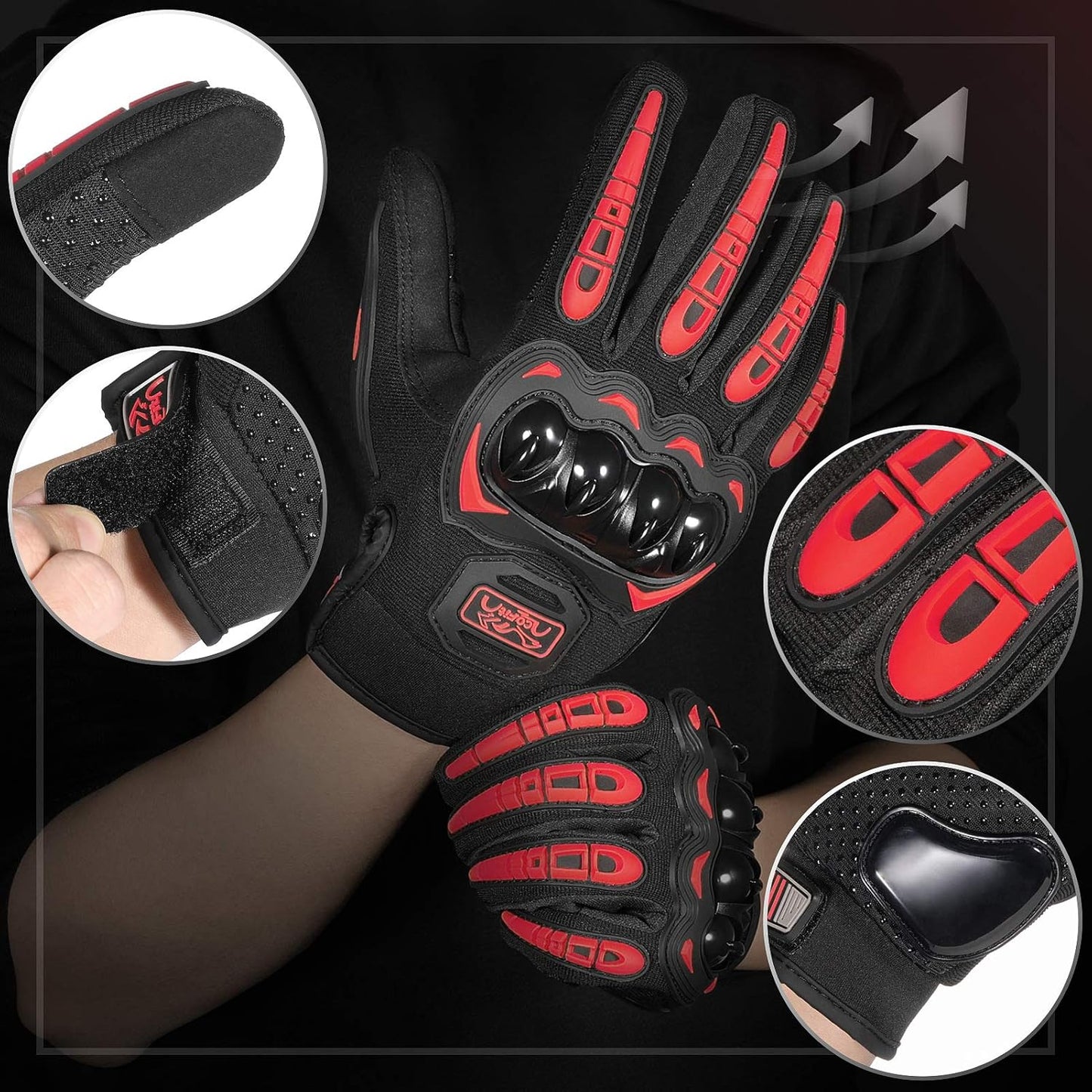 COFIT Motorcycle Gloves Breathable, Touchscreen Motorbike Gloves Anti-Slip with Good Grip Hard Knuckles Protection for Men Women Motocross, BMX ATV MTB Cycling, Road Racing - Red L