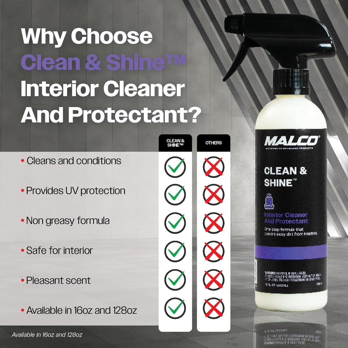 Malco Clean & Shine Interior Car Cleaner and Dressing – Restore Leather, Plastic and Vinyl Surfaces in Your Vehicle/Clean, Condition and Protect in 1 Simple Step / 16 oz. (125916)