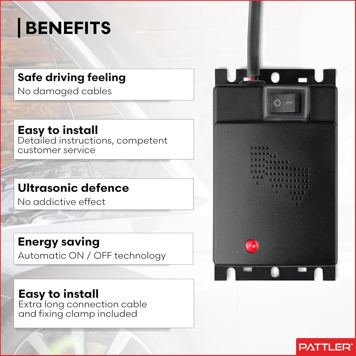 PATTLER® Marten Repellent for Car Engines - Ultrasonic Marten Repeller Under Hood for Immediate and Long-Term Protection Against Martens. Marten Deterrent for Cars Powered by 12V Car Battery - 2 Unit