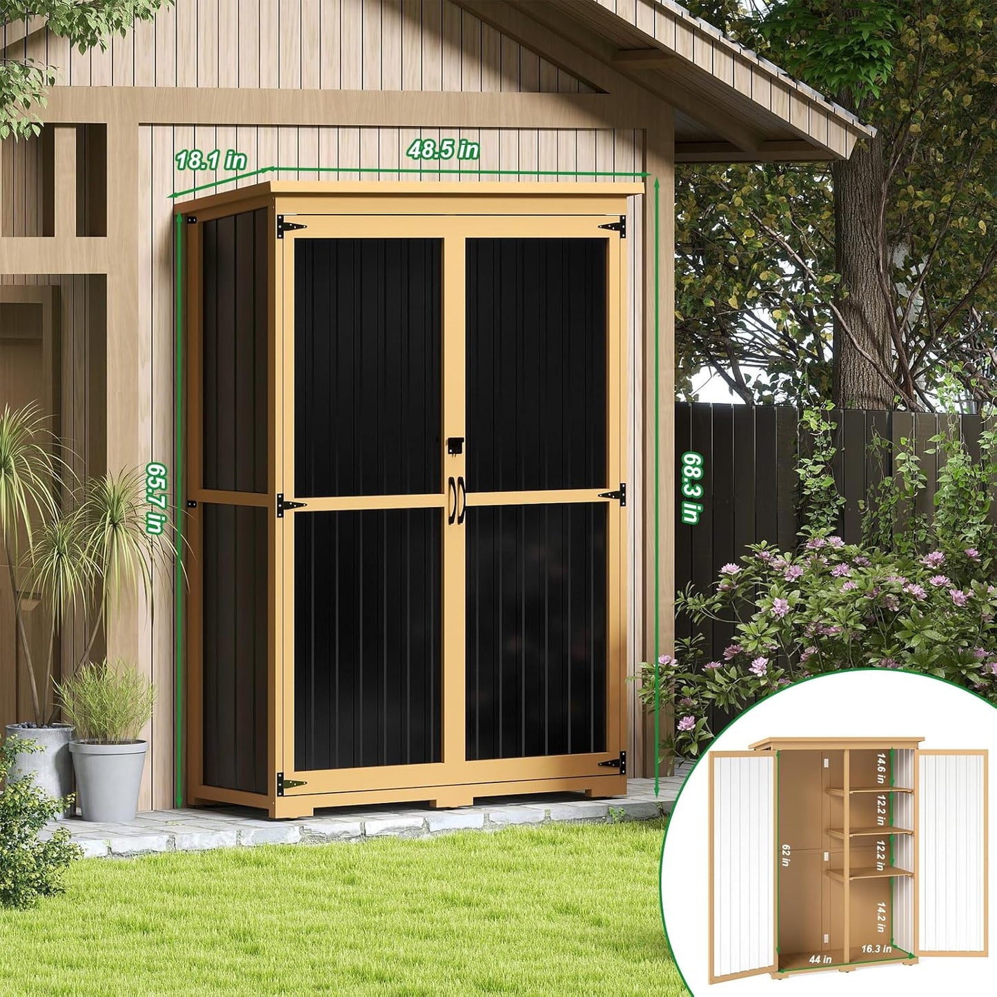 Outdoor Storage Shed with Shelf,Wood & Metal Storage Cabinet with Lockable Doors & Sloping Roof,Vertical Garden Shed for Patio Backyard,Tool Shed and Accessories, Brown