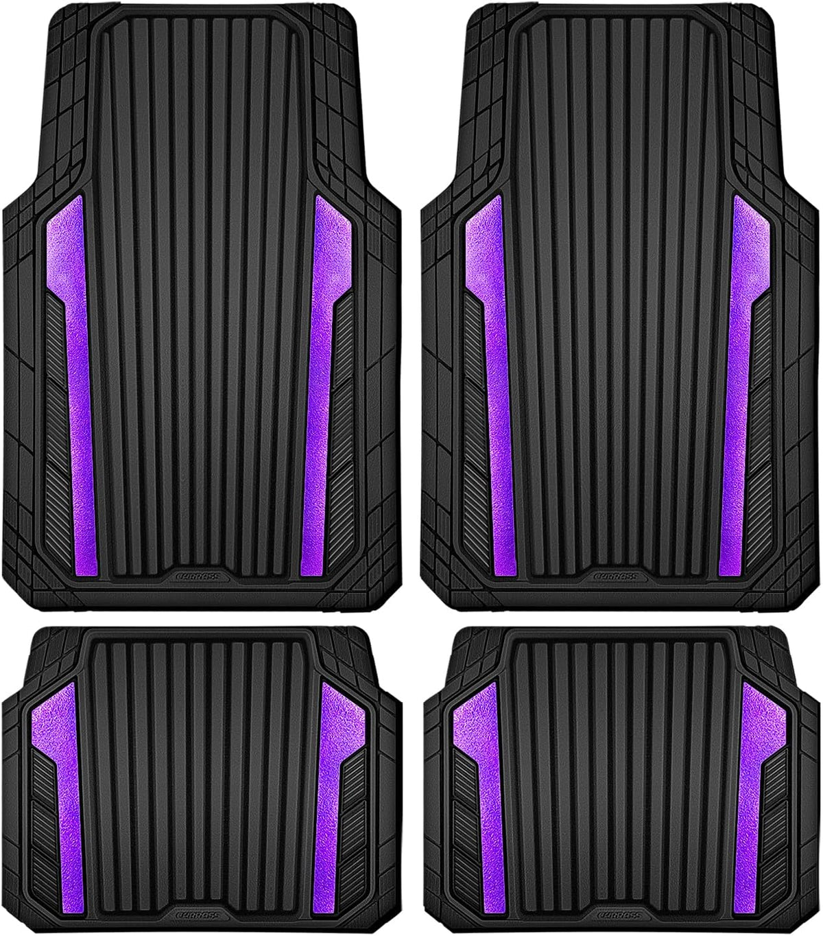 CAR PASS Heavy Duty Rubber Car Mats Metallic,Aluminum Film All Weather Floor Mats Waterproof Universal Trim to Fit SUVs Sedans Vans 4 Piece Anodized Deep Dish Two-Tone Sporty Black Purple Chrome
