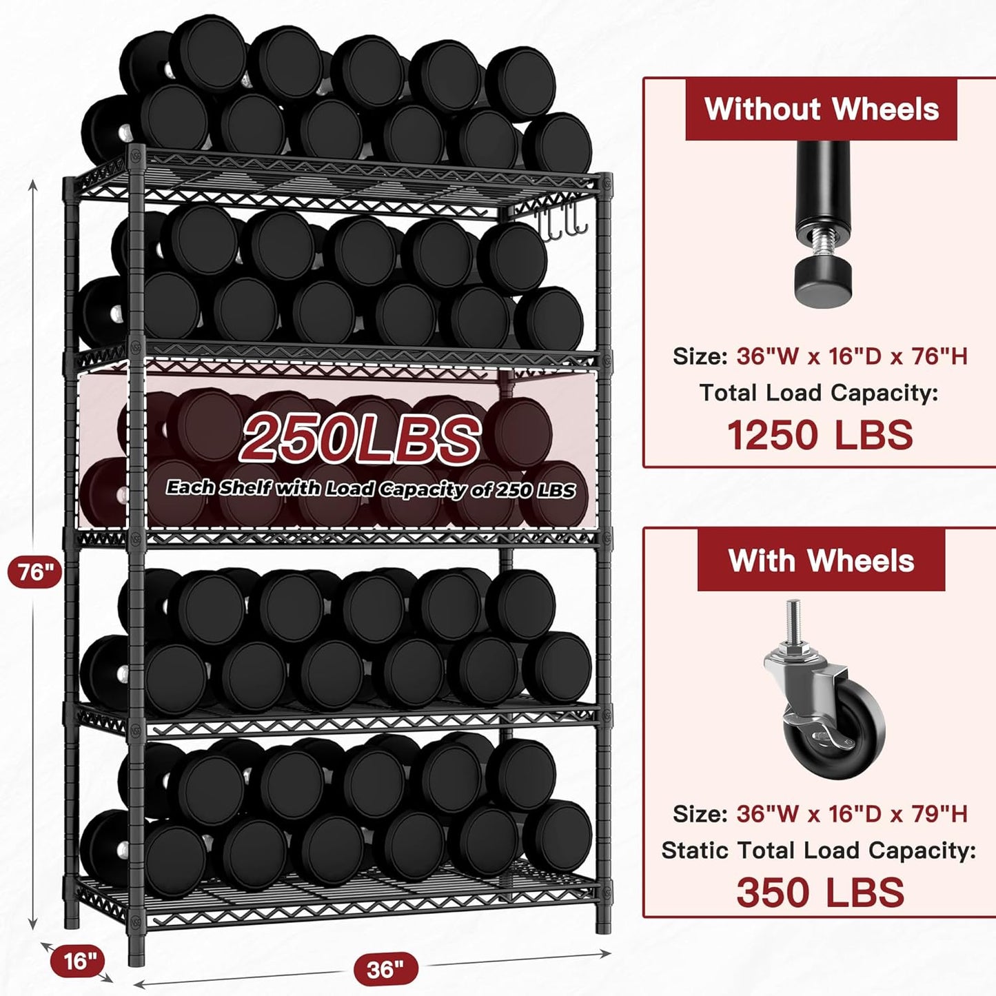 PrimeZone 36" W x 16" D x 79" H Wire Storage Shelves with Wheels, 5 Tier NSF Certified Heavy Duty Adjustable Kitchen Shelving Unit, Pantry Organizer Rack Rolling Metal Shelf for Garage Closet Bathroom