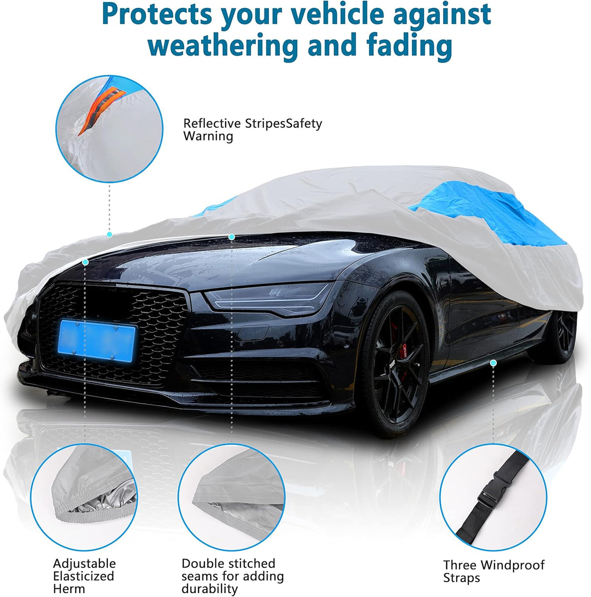 MORNYRAY Waterproof Car Cover All Weather Snowproof UV Protection Windproof Outdoor Full car Cover, Universal Fit for Sedan (Silvery, A4-Fit Sedan Length(186-193 inch)