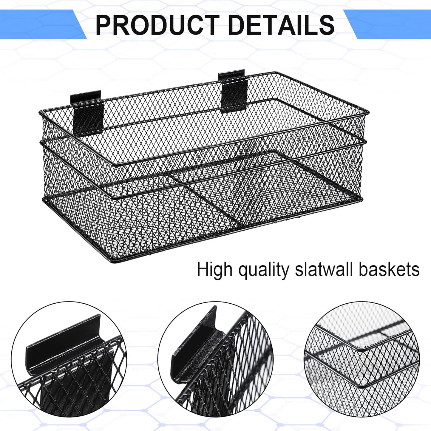Barydat 4 Pcs Slatwall Basket Set Ventilated Metal Slatwall Basket Hanging Wire Bins Wall Mounted Accessories for Panel Garage Storage Display Organizing(Big Size,Black)