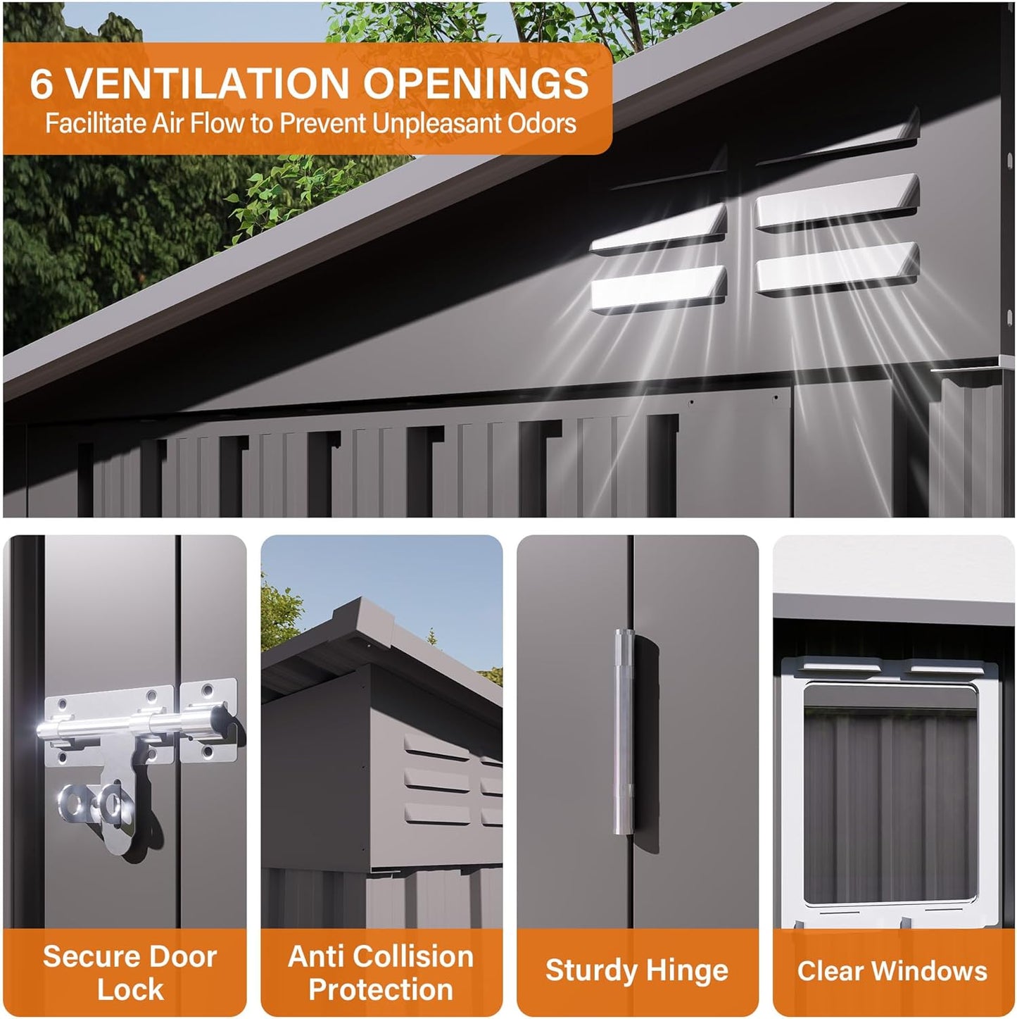 9x4 FT Lean to Shed with Window, Metal Sheds & Outdoor Storage with 6 Vents and 2 Swing Doors, Outdoor Storage Shed Waterproof for Backyard, Garden, Patio, Gray