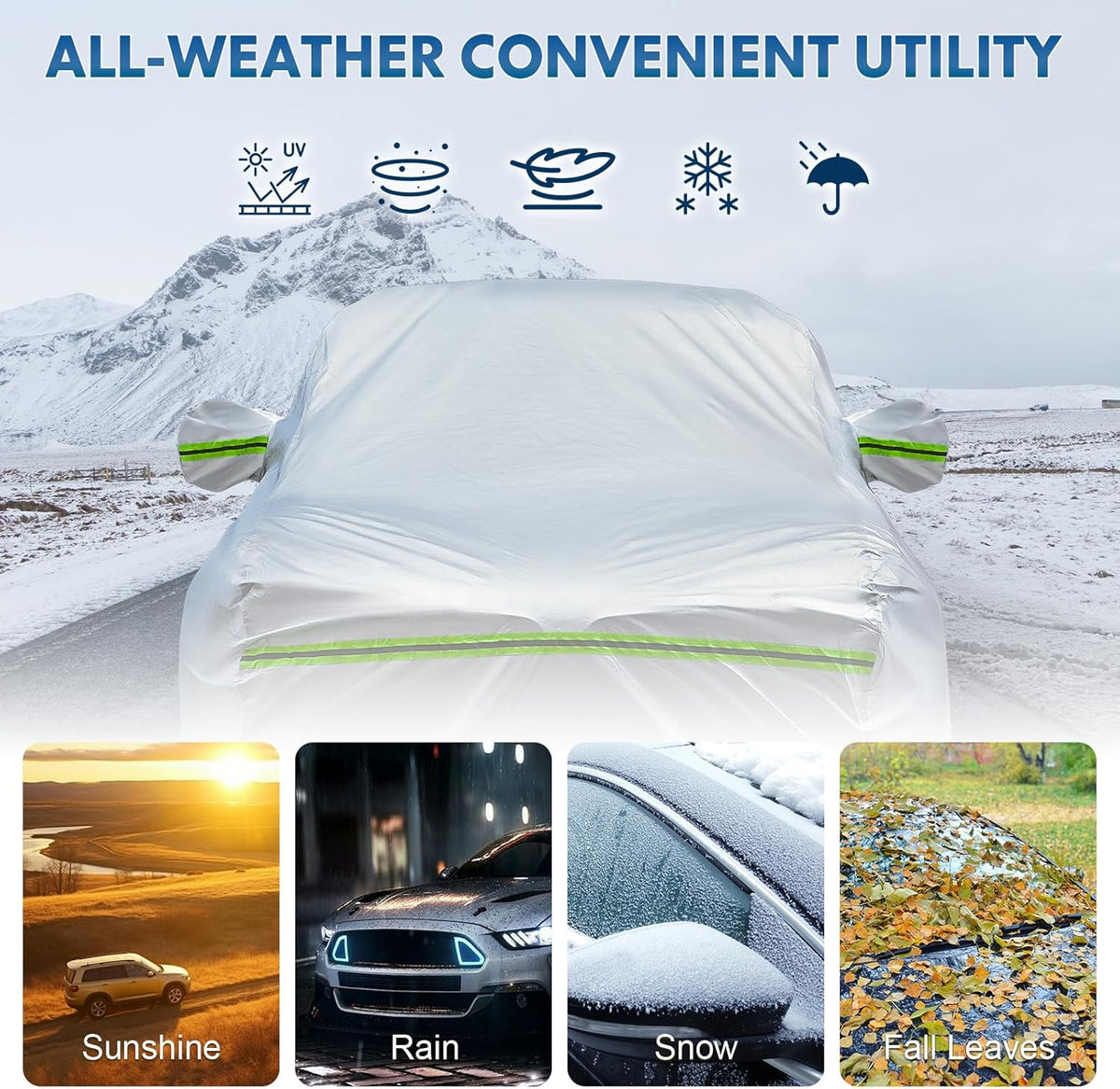 KEYOOG 6-Layer Full Car Cover is All-Weather Waterproof, Universal in All Seasons, Snow Prevention Rainproof, Acid Rainproof, Sunscreen, Ultraviolet-Proof, Fit MPV 199"-210" Green Reflective Strip