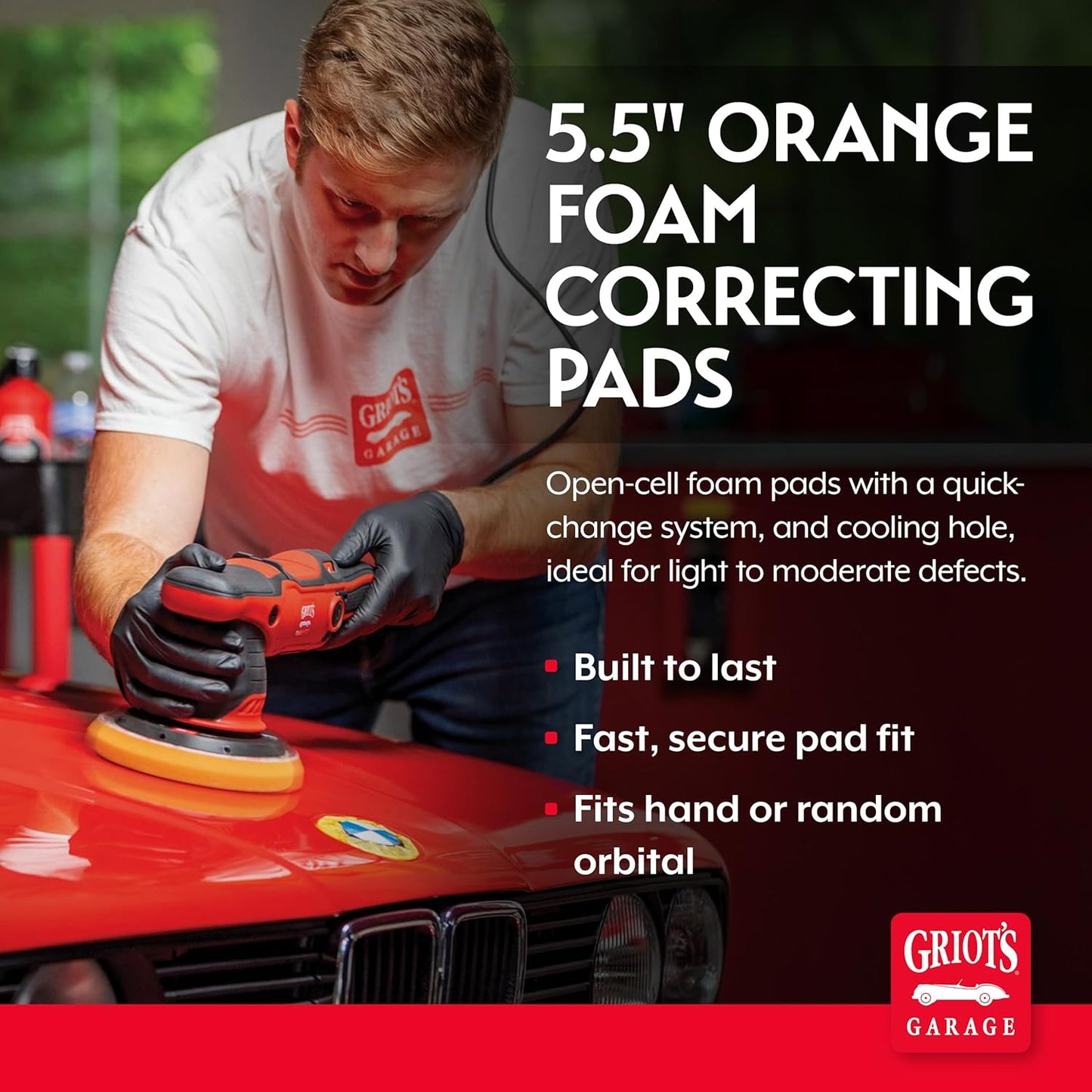 Griot's Garage Orange Foam Correcting Pads for Car Polishing and Detailing, Removes Light to Moderate Paint Defects, Durable, Machine-Washable, 10516, 5.5", Set of 2