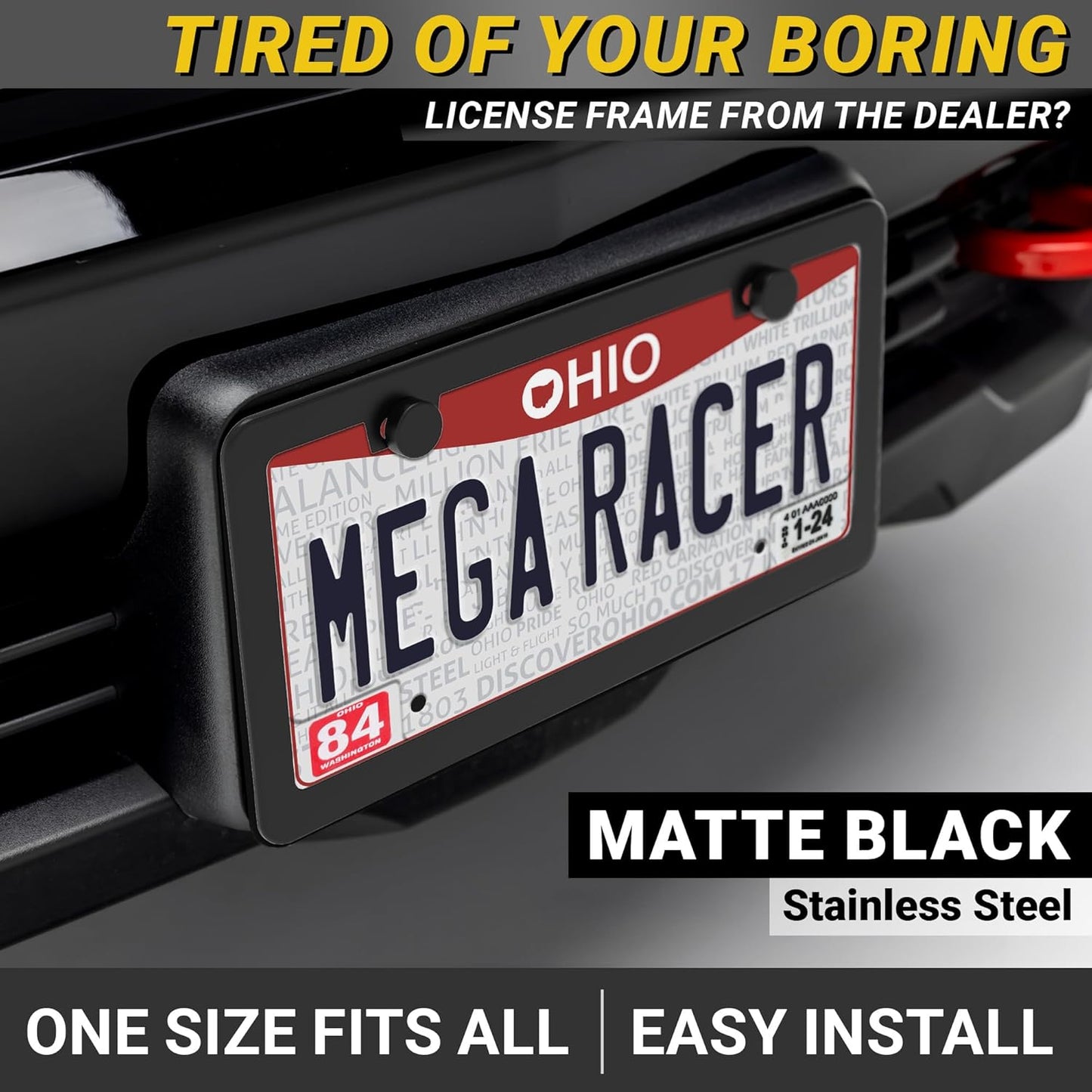 Premium Slim Matte Black License Plate Frame – 1 Pack, Rust-Free Stainless Steel & Rattle-Free, Street Legal, Universal with Screw Covers, Thin Edged Metal Front or Rear Car Tag Holder for Men & Women