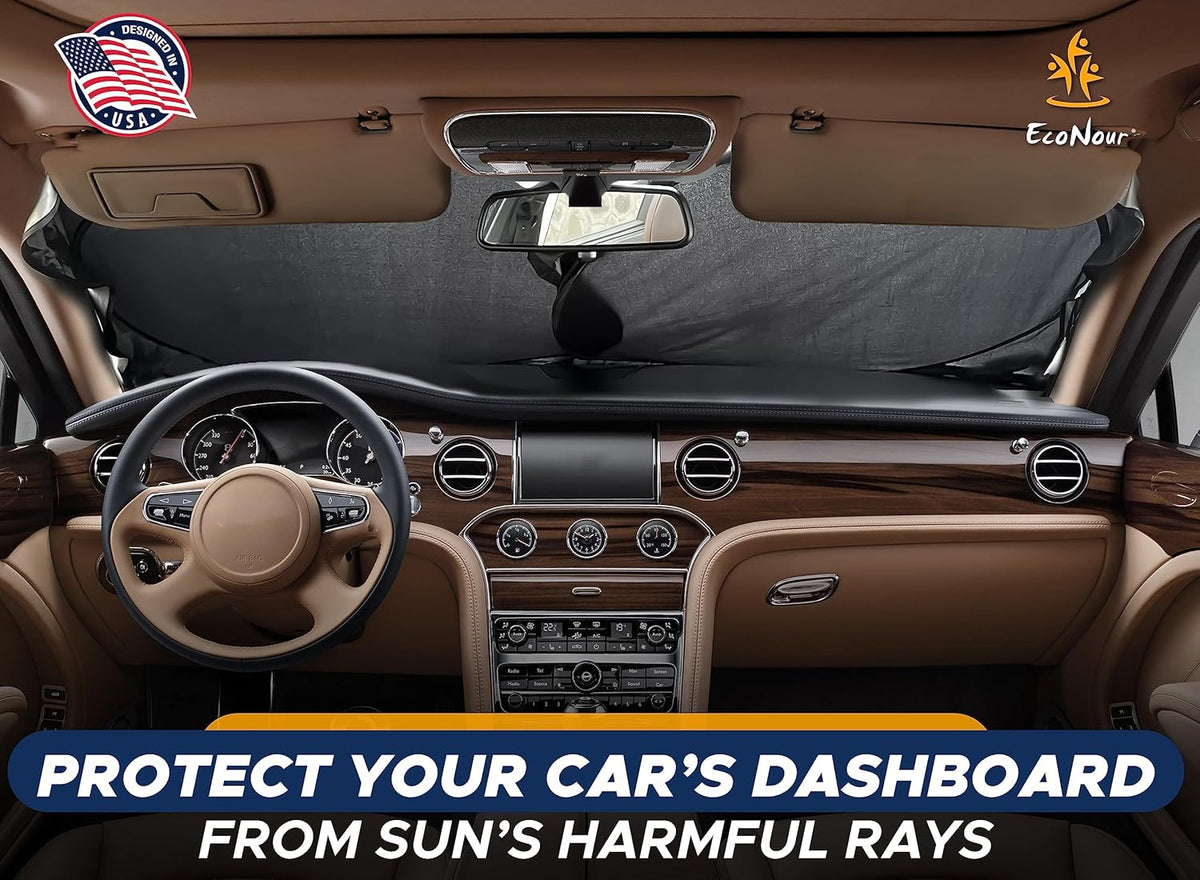 EcoNour Windshield Sun Shade Premium | Sunshade Protects Car Interior | Car Sun Shade Windshield Blocks UV Ray & car Accessories | Universal Fits Small Sedans | Mini SUV & Hatchbacks | Medium (64x32)