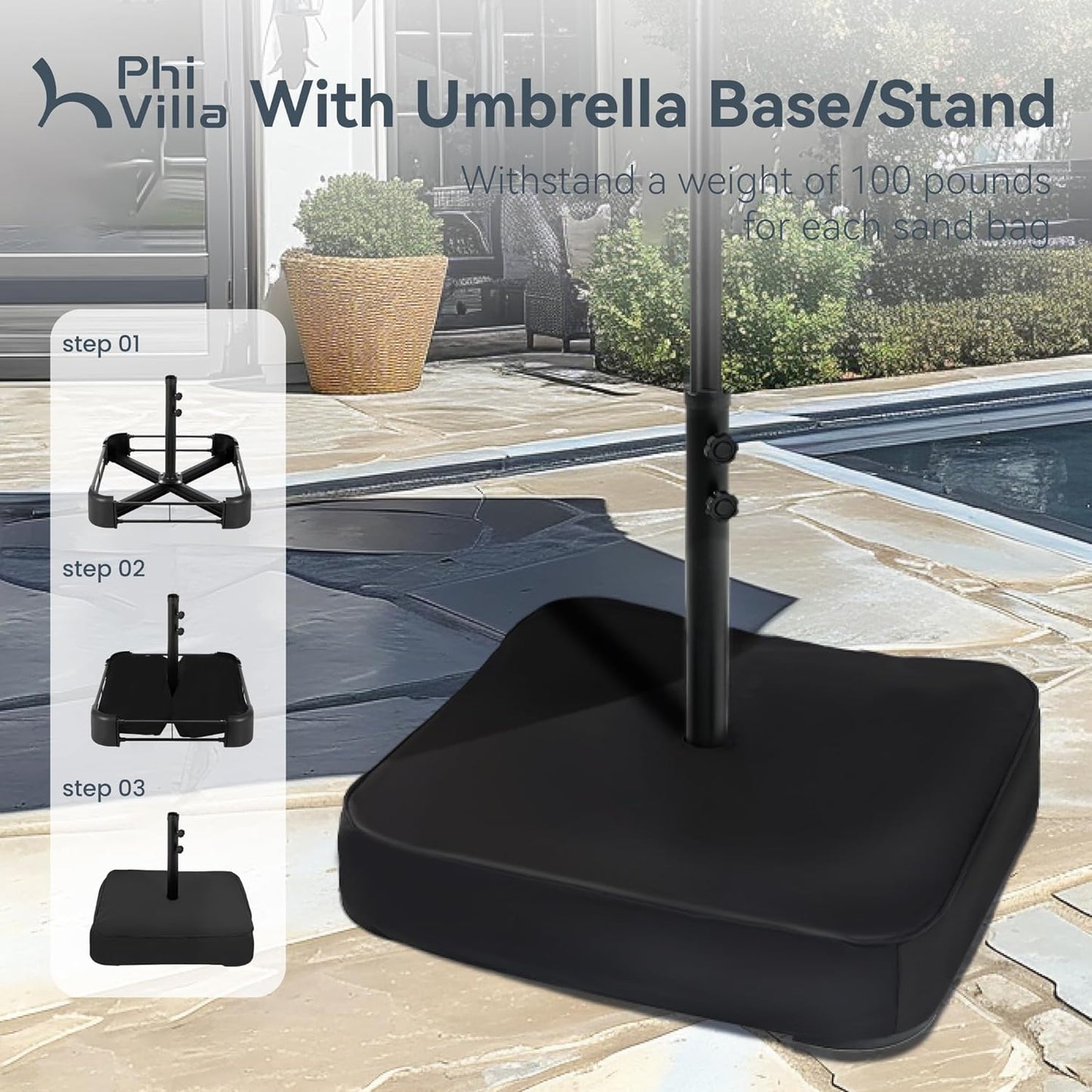 PHI VILLA 15ft Large Patio Umbrellas with Base Included, Outdoor Double-Sided Rectangle Market Umbrella with Stand, Outside Umbrellas for Poolside Lawn Backyard, Ivory